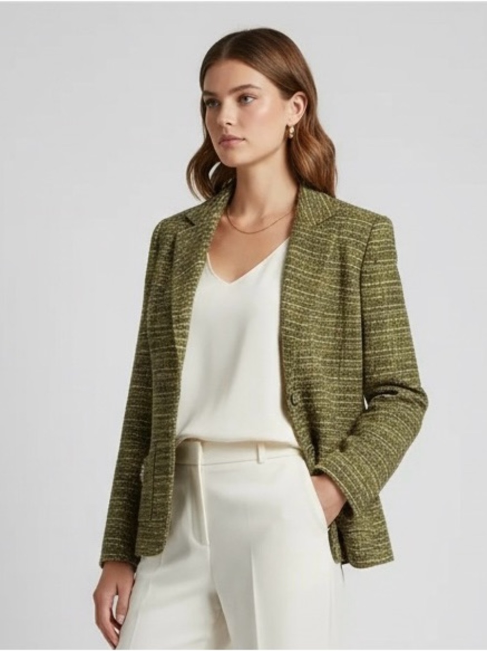EUC Coldwater Creek Olive Green Tweed Embellished Women's Blazer Jacket, Sz PS - Picture 2 of 12